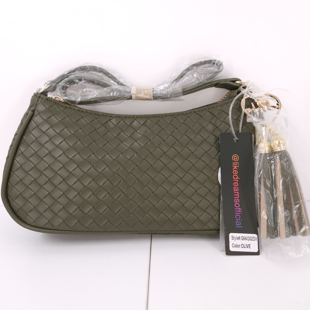 Like Dreams Ash Heart Tassel Woven Vegan Leather Shoulder Olive Handbag Zip Top